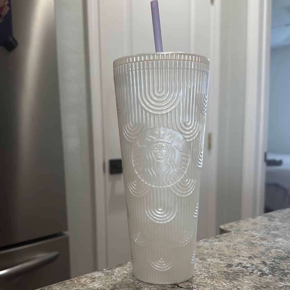 Starbucks White Textured Tumbler with Purple Straw